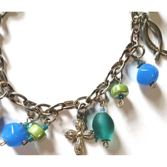 Vintage Art Glass Christian Symbols Charm Bracelet Silver Tone Chain Beads - Picture 7 of 14